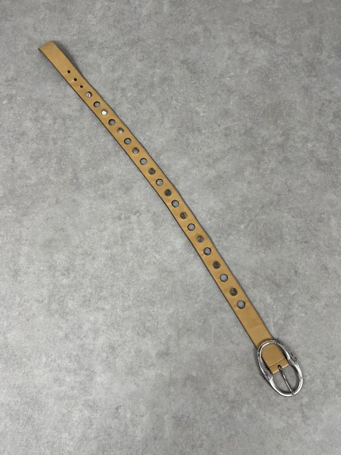 2000s Yves Saint Laurent Holes & Studs Beige Leather Belt - Image 7