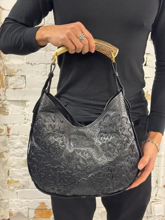 2000s Yves Saint Laurent Mombasa Embossed Flowers Black Leather Horn Handle Bag - Image 2