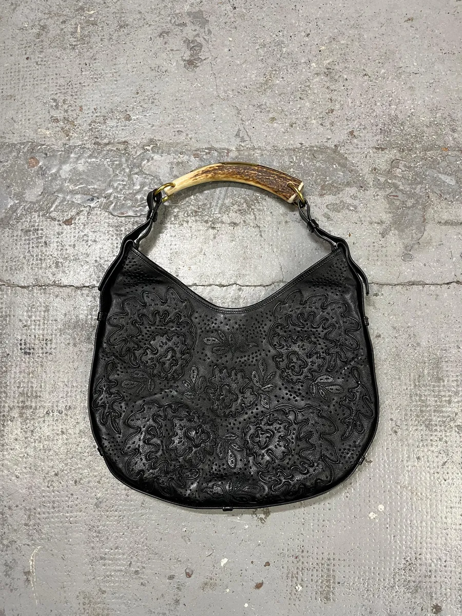 2000s Yves Saint Laurent Mombasa Embossed Flowers Black Leather Horn Handle Bag - Image 5