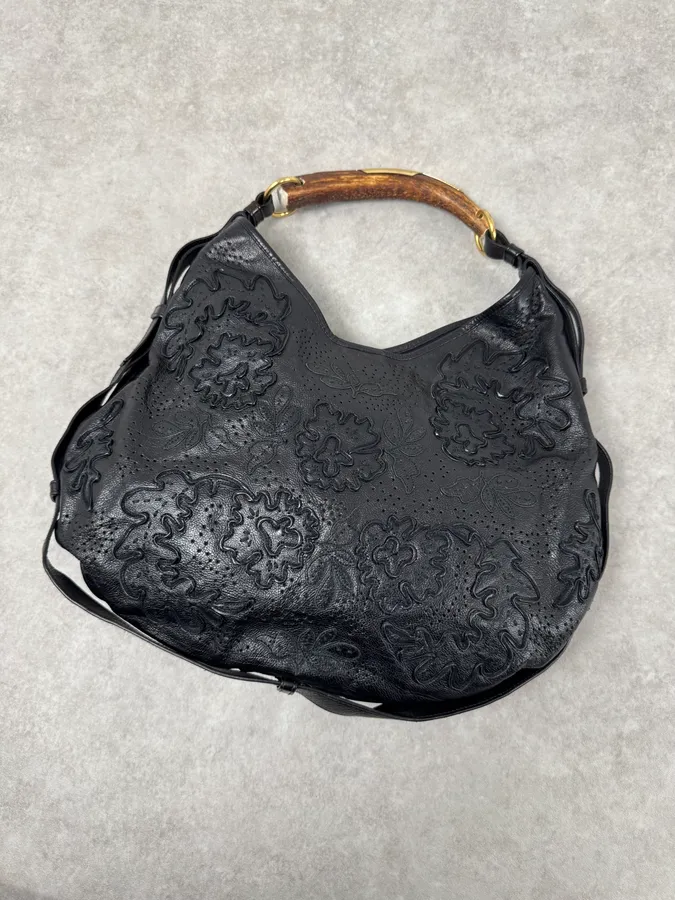 2000s Yves Saint Laurent Mombasa Embossed Flowers Black Leather Horn Handle Bag - Image 4