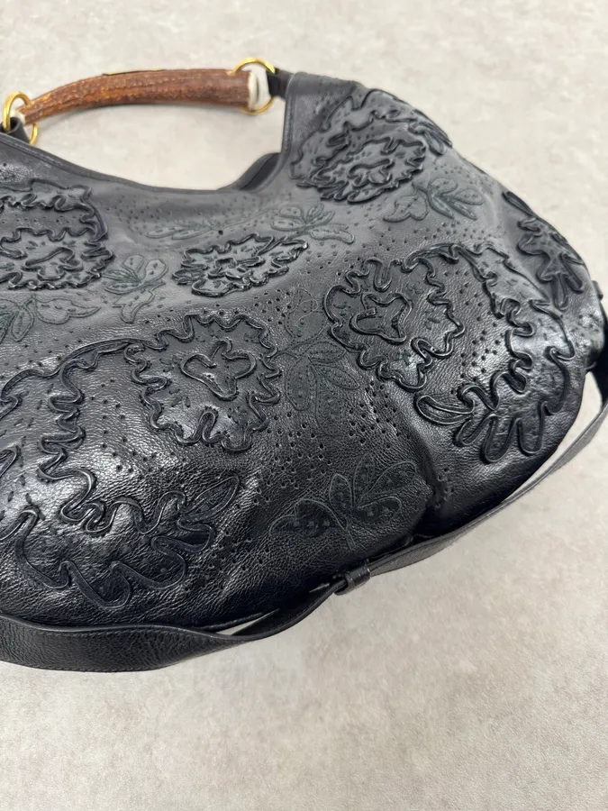2000s Yves Saint Laurent Mombasa Embossed Flowers Black Leather Horn Handle Bag - Image 5