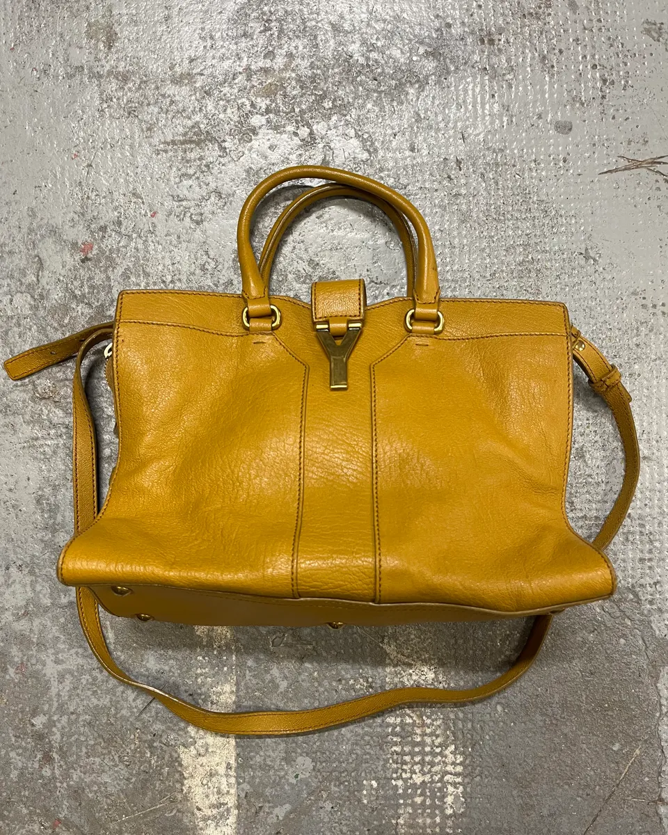 2000s Yves Saint Laurent Mustard Leather Y-Logo Handle Bag