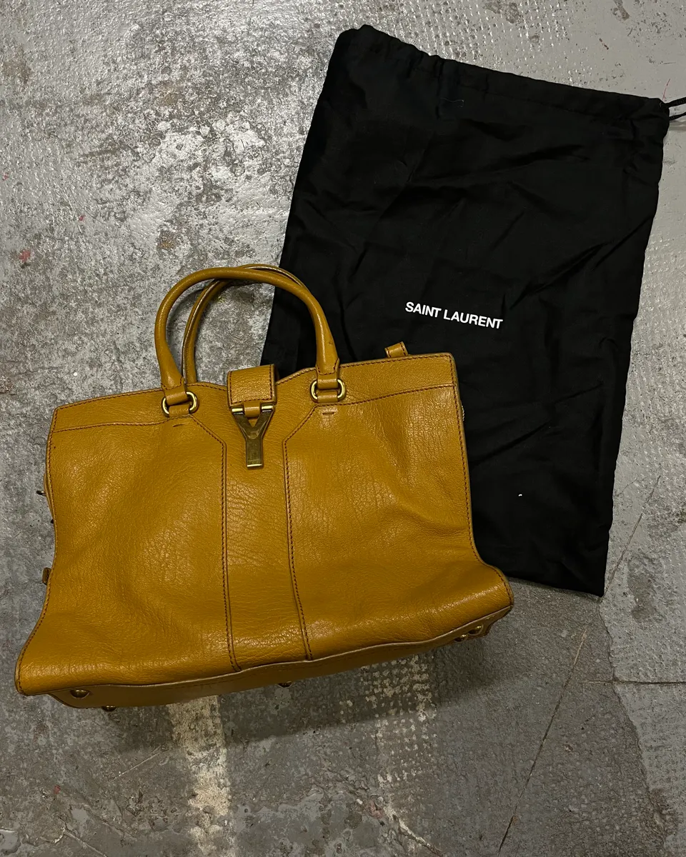 2000s Yves Saint Laurent Mustard Leather Y-Logo Handle Bag - Image 2
