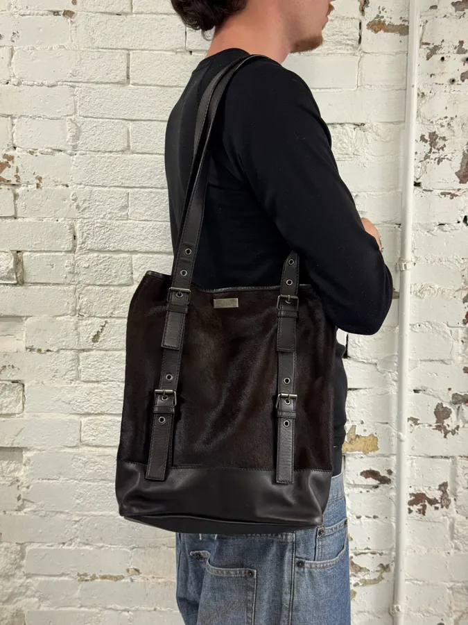2000s Yves Saint Laurent Pony Hair Black & Brown Shoulder Bag - Image 2