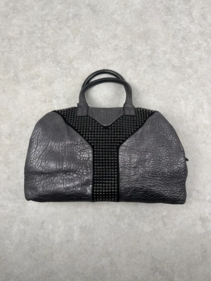2000s Yves Saint Laurent Rock Studded Black Grain Leather Handle Bag - Image 2