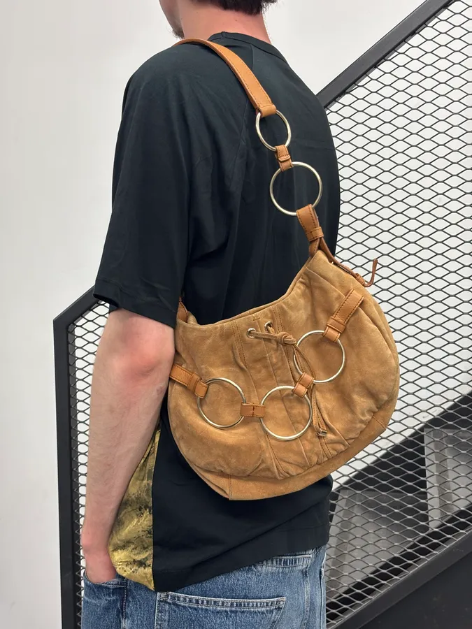 2000s Yves Saint Laurent Tan Nubuck Ring-Detail Shoulder Bag - Image 3
