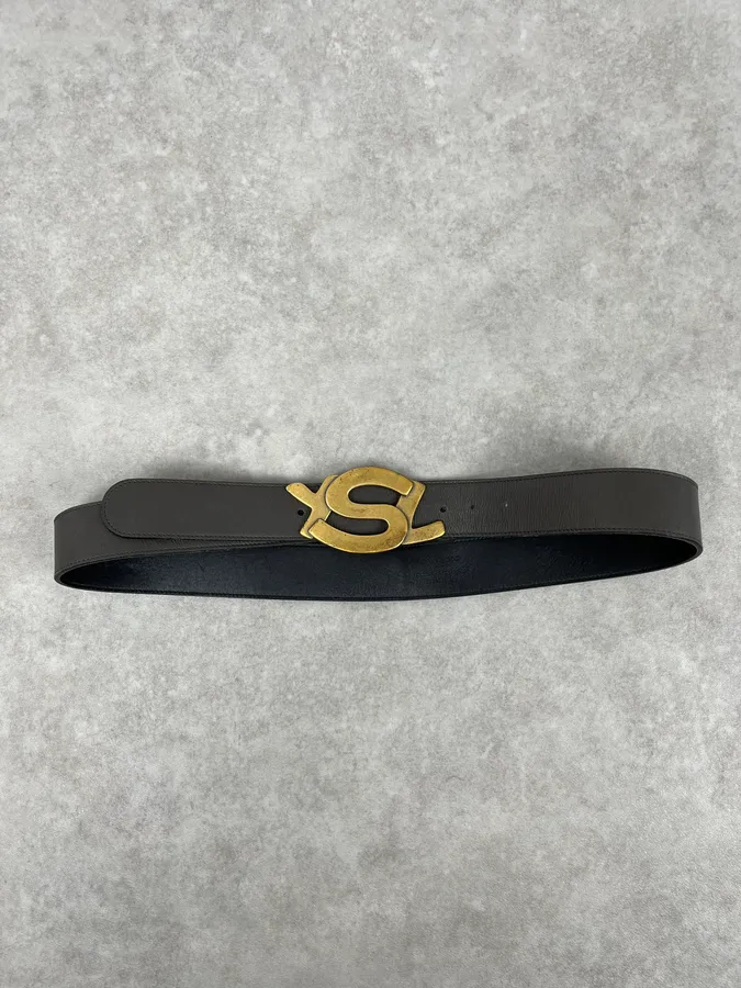 2000s Yves Saint Laurent YSL Logo Golden Buckle Grey Leather Belt - Image 2
