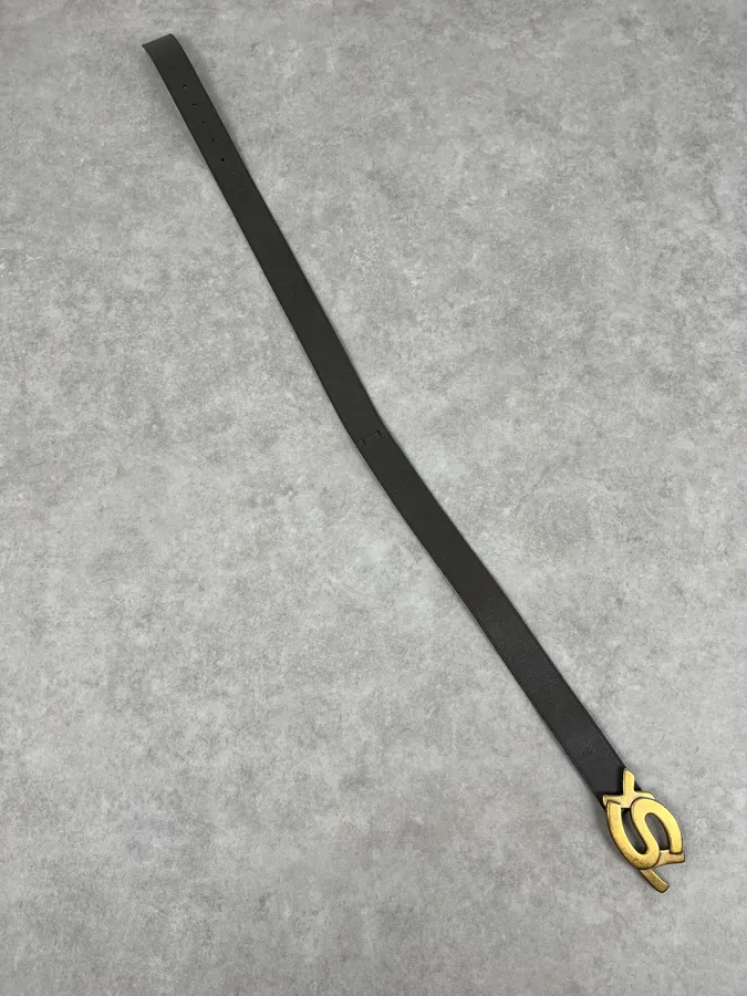 2000s Yves Saint Laurent YSL Logo Golden Buckle Grey Leather Belt - Image 3