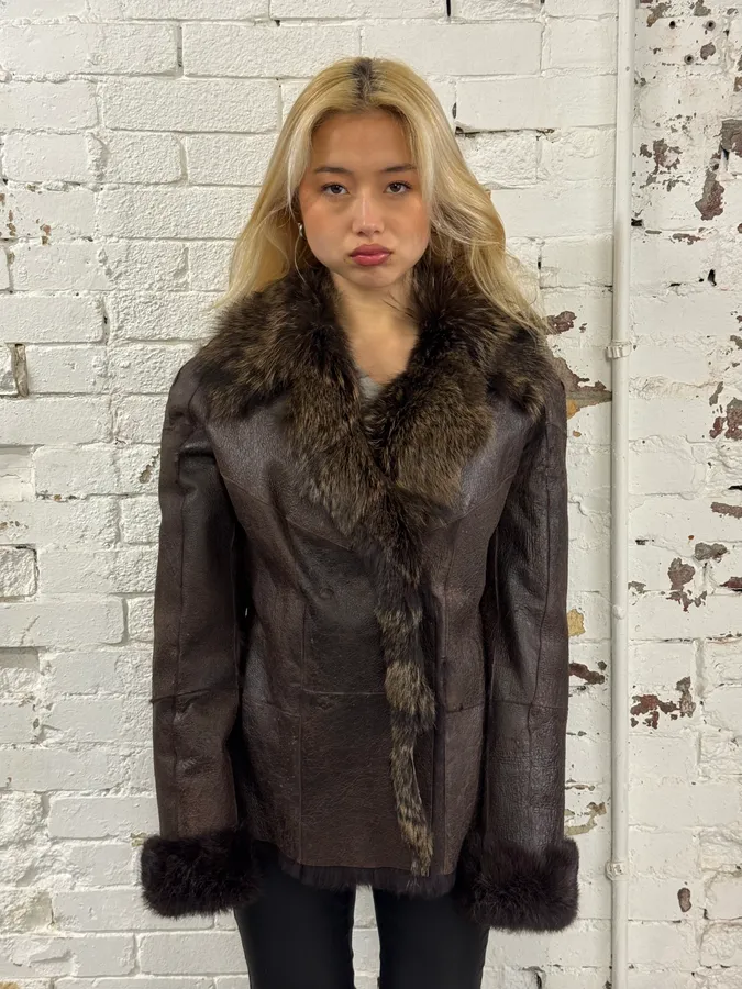 2010s Armani Fur Collar Painted Brown Leather Jacket - Image 2