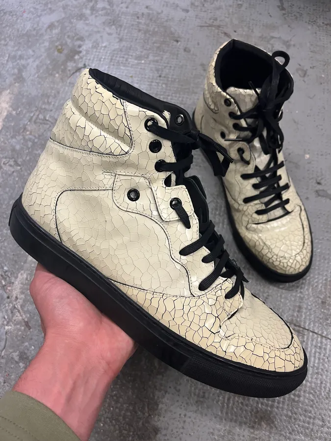 2010s Balenciaga Cracked White Paint Leather High Sneakers