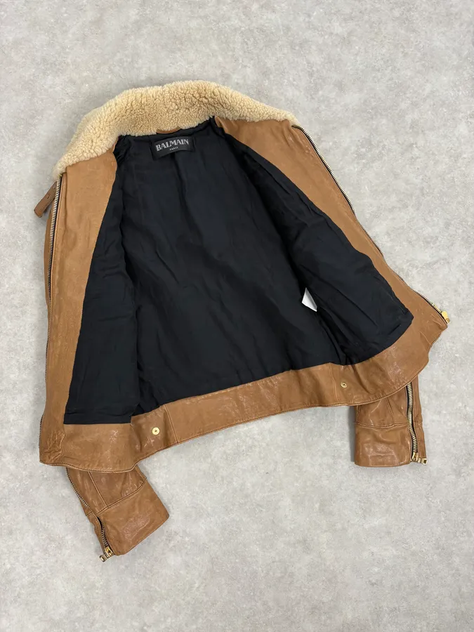 2010s Balmain Beige & Brown Shearling Biker Sample Leather Jacket - Image 7