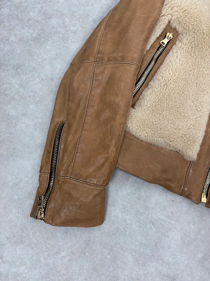 2010s Balmain Beige & Brown Shearling Biker Sample Leather Jacket - Image 8