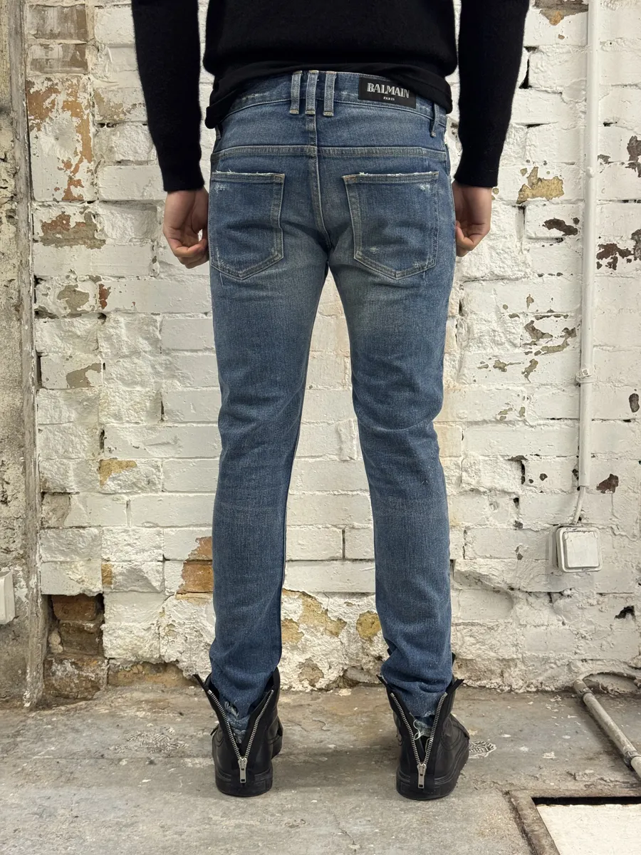 2010s Balmain Blue Faded Destroyed Denim Skinny Jeans - Image 2