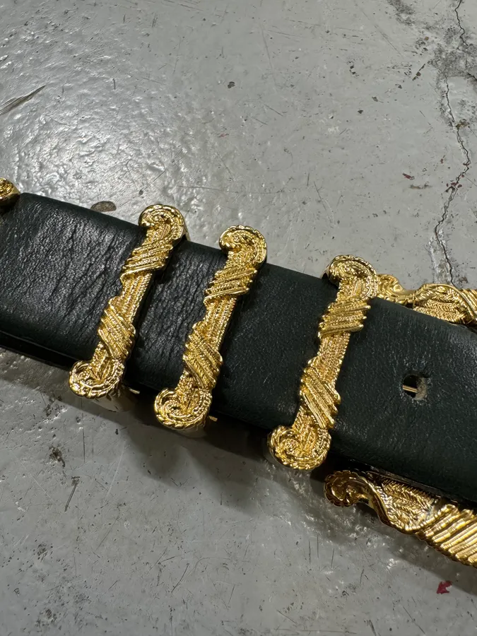 2010s Balmain Dark Green Leather Golden Eagle Buckle Belt - Image 8