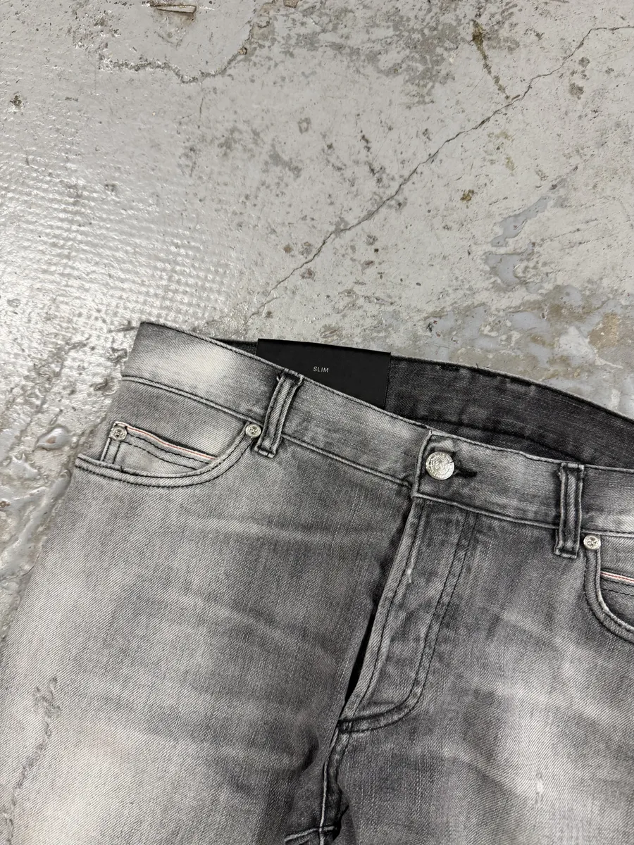 2010s Balmain Grey Faded Destroyed Denim Slim Jeans - Image 10