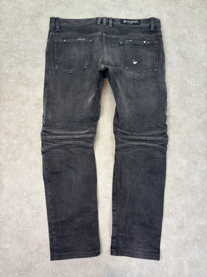 2010s Balmain Grey Japanese Distressed Biker Jeans - Image 6