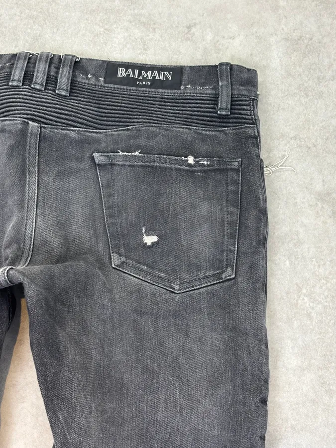 2010s Balmain Grey Japanese Distressed Biker Jeans - Image 9