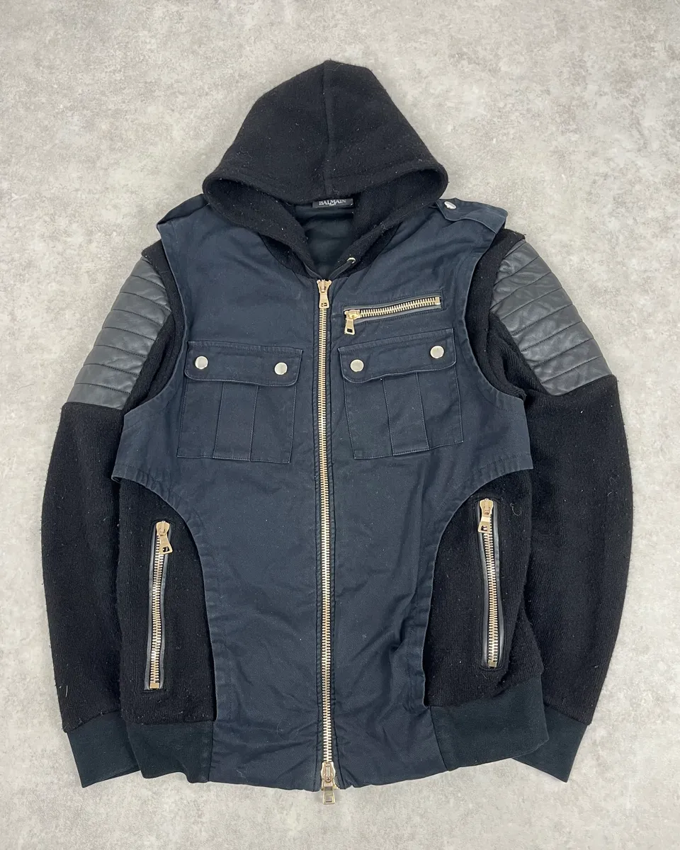2010s Balmain Hooded Hybrid Patchwork Zip Jacket