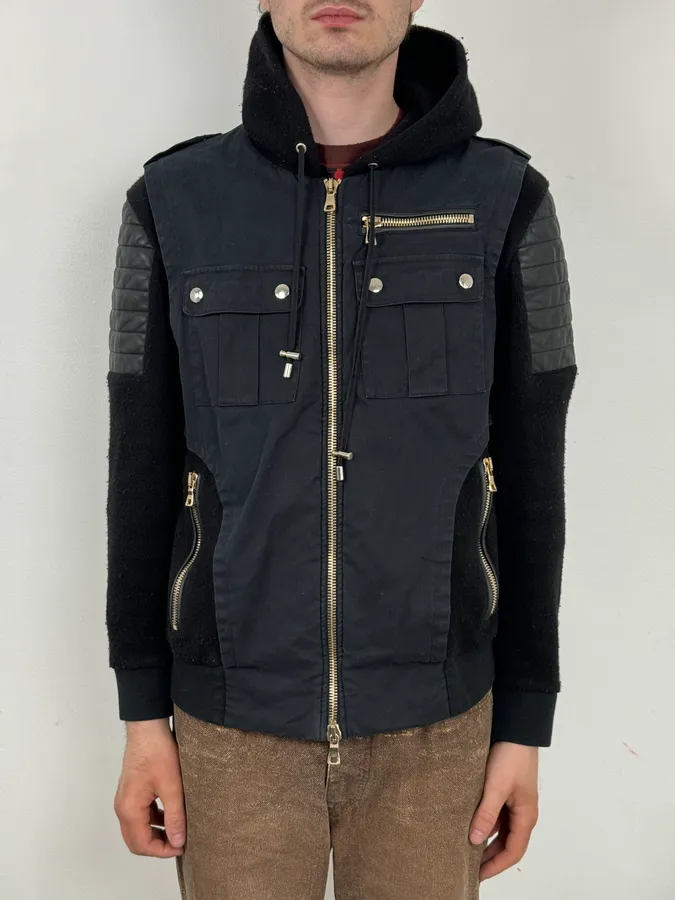 2010s Balmain Hooded Hybrid Patchwork Zip Jacket - Image 2