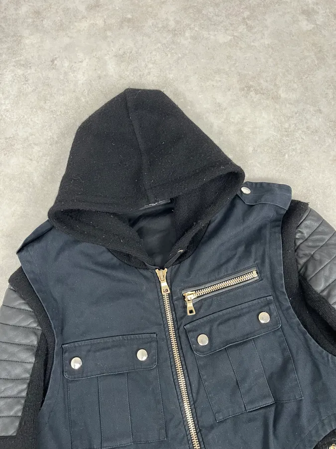 2010s Balmain Hooded Hybrid Patchwork Zip Jacket - Image 4