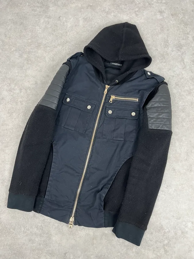 2010s Balmain Hooded Hybrid Patchwork Zip Jacket - Image 5