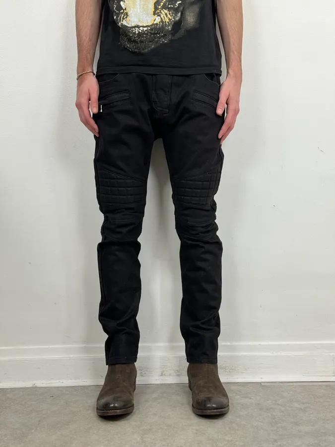 2010s Balmain Italian Black Padded Biker Slim Pants - Image 3