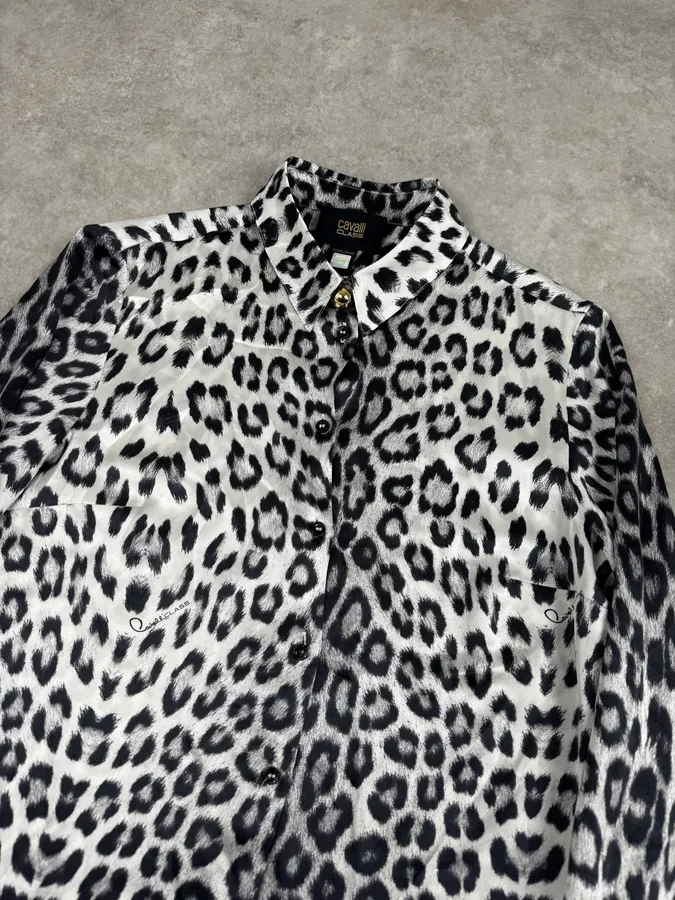 2010s Cavalli Black & White Leopard Silk Shirt - Image 5