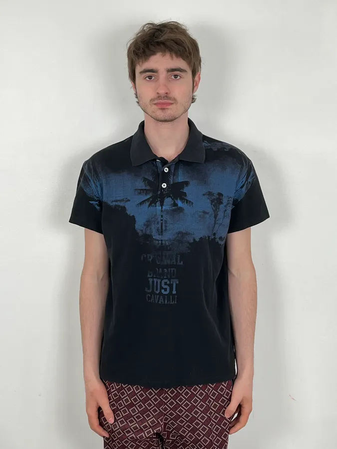 2010s Cavalli Blue & Black Palm Trees Beach Polo - Image 2