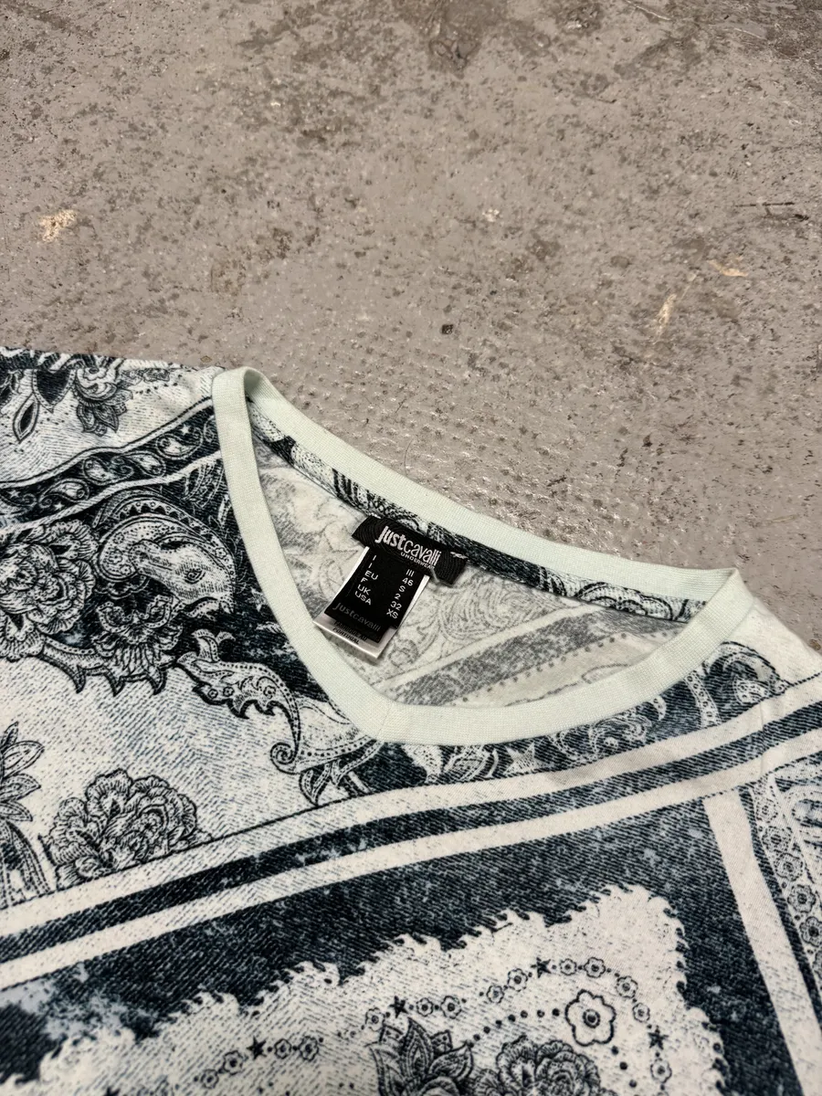 2010s Cavalli Ornament Blue Presley Print T-Shirt - Image 5