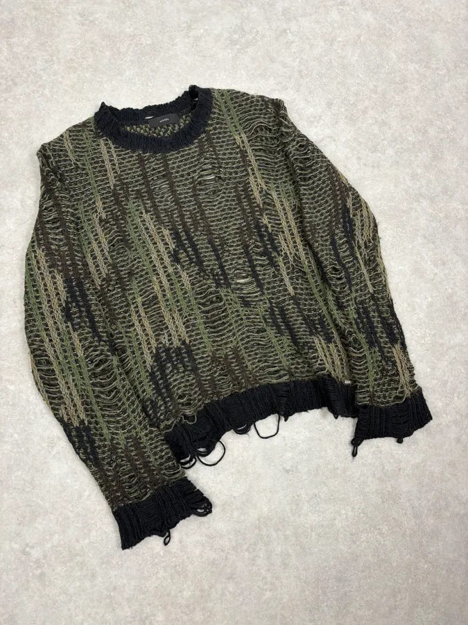 2010s Diesel Camo Green & Black Experimental Destroyed Sweater - Image 4