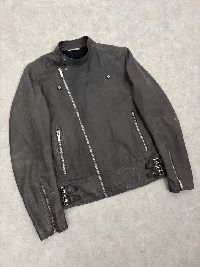 2010s Dior Grey Asymmetrical Leather Biker Jacket by Kris Van Assche - Image 7