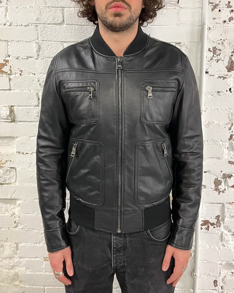 2010s Dolce & Gabbana Black Alpha Bomber Leather Jacket