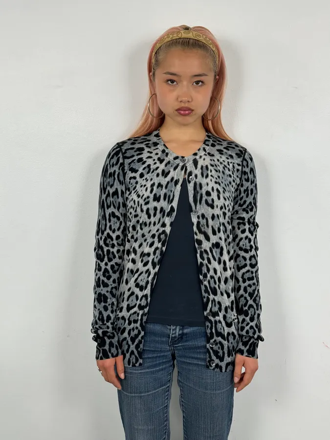 2010s Dolce & Gabbana Blue Wool Leopard Print Cardigan Sweater - Image 2