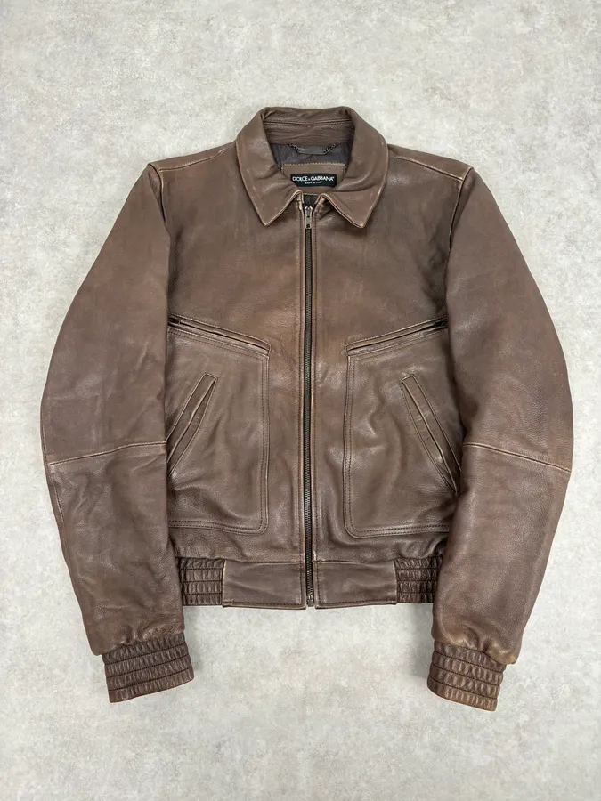 2010s Dolce & Gabbana Brown Taupe Leather Bomber Jacket