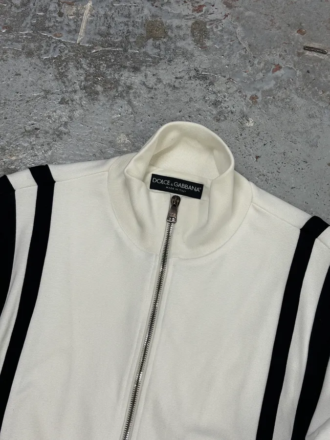 2010s Dolce & Gabbana Cream & Black Striped Blend Track Zip-up Sweater - Image 4