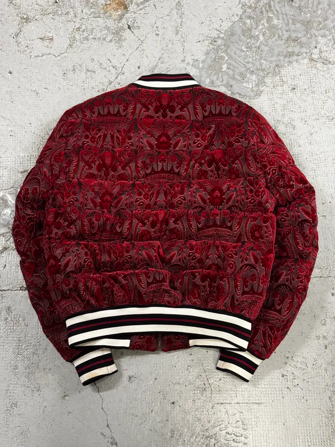 2010s Dolce & Gabbana Red Baroque Pattern Velvet Puffer Jacket - Image 4