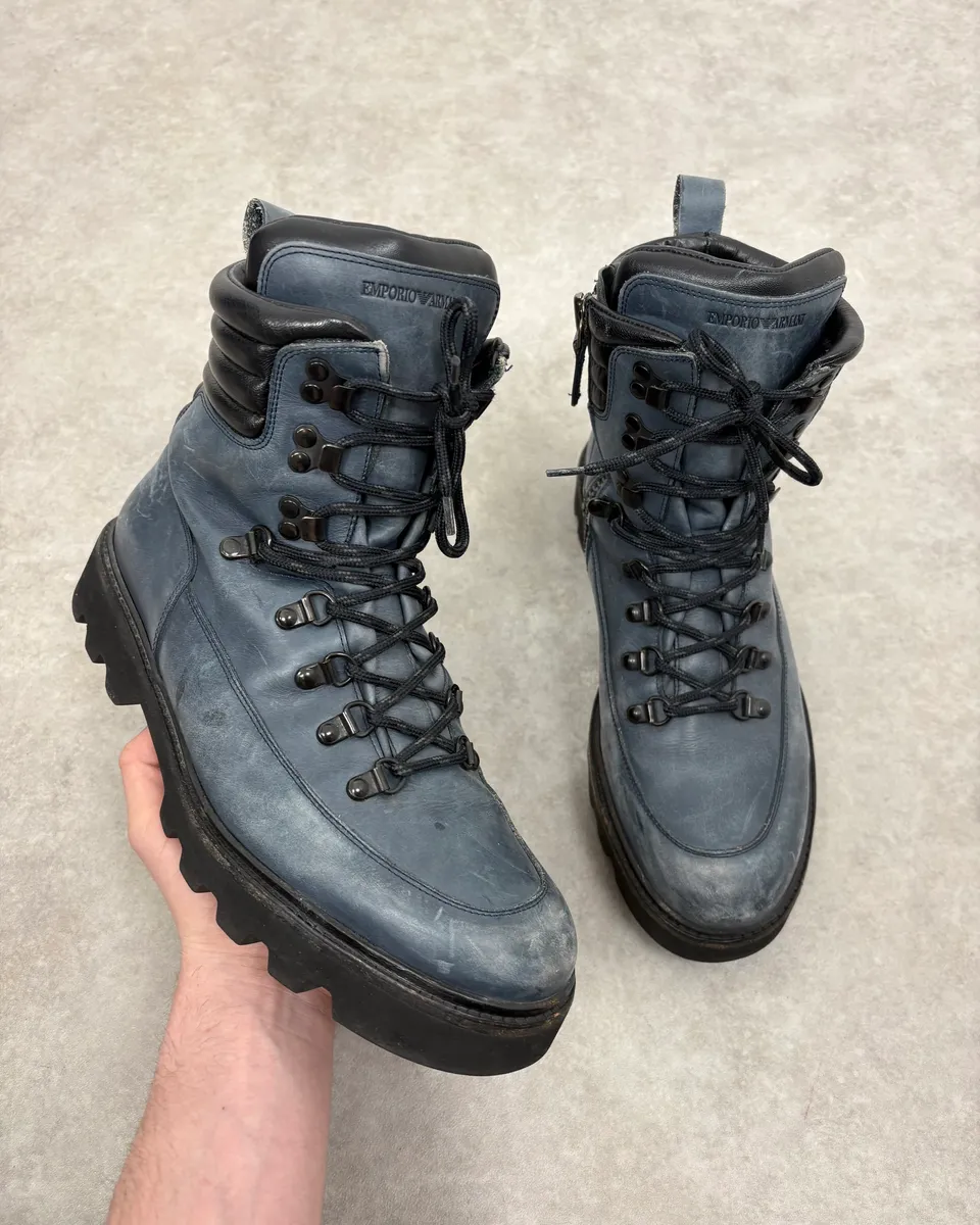 2010s Emporio Armani Avant-Garde Brut Blue Leather Boots