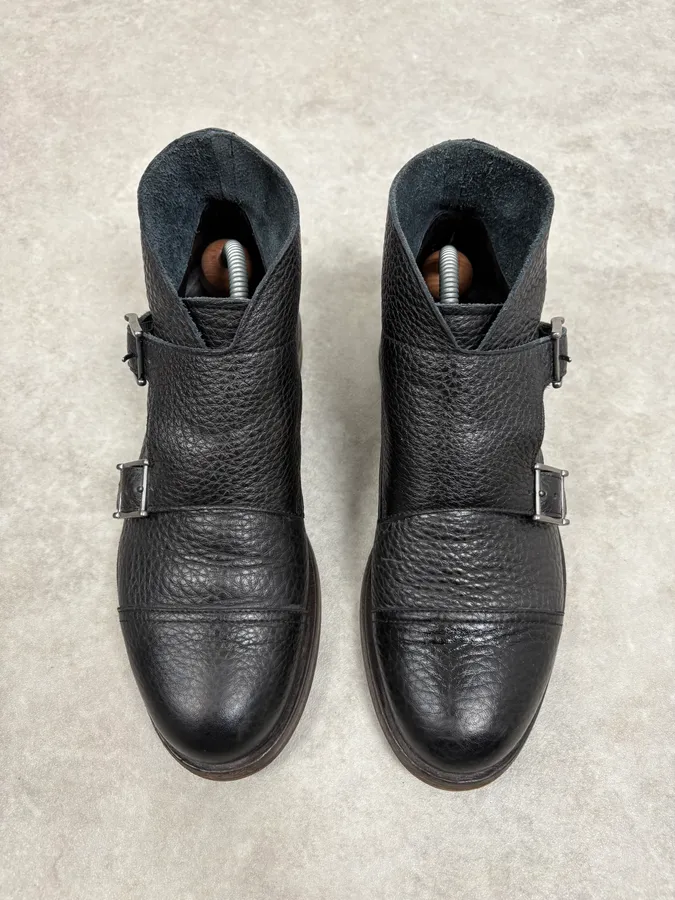 2010s Emporio Armani Black Buckle Leather Grained Boots - Image 2