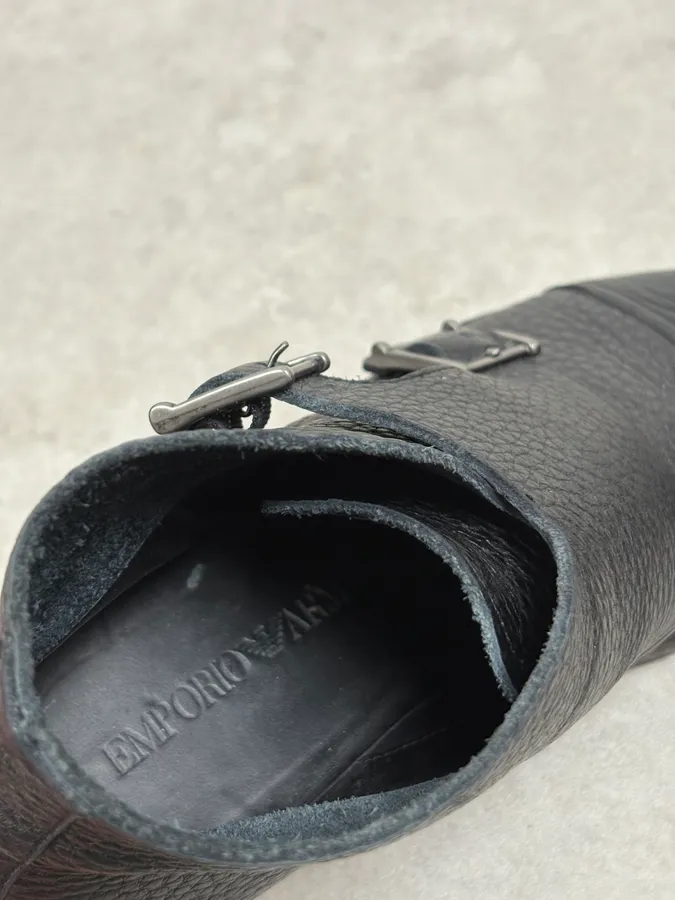 2010s Emporio Armani Black Buckle Leather Grained Boots - Image 9