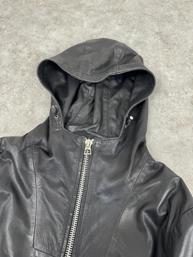 2010s Emporio Armani Black Leather Hooded Jacket - Image 5