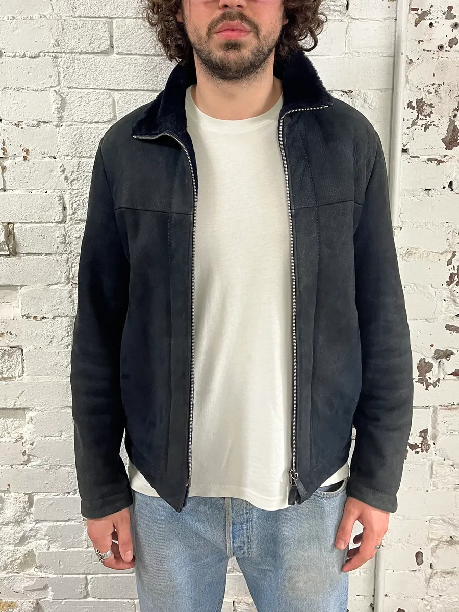 2010s Emporio Armani Black Shearling Avanat-Garde Leather Jacket - Image 2