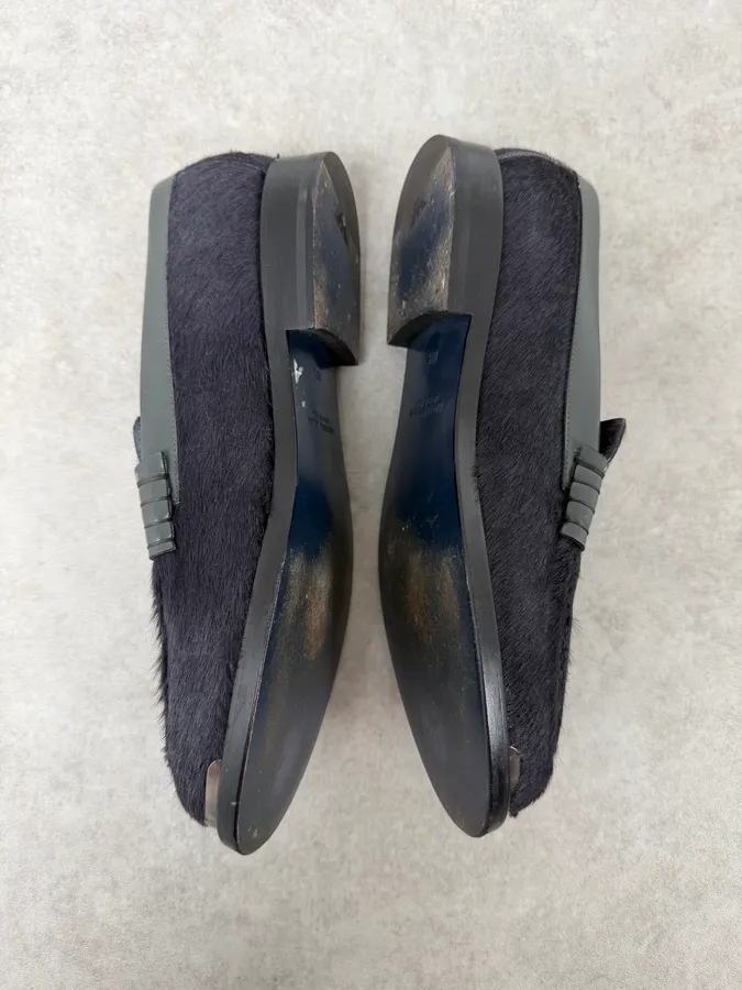 2010s Emporio Armani Grey Pony Hair Leather Loafers - Image 6