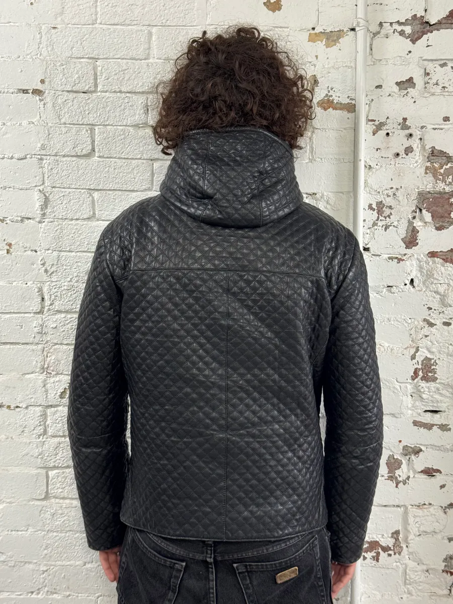 2010s Emporio Armani Quilted Black Ninja Hooded Leather Jacket - Image 3
