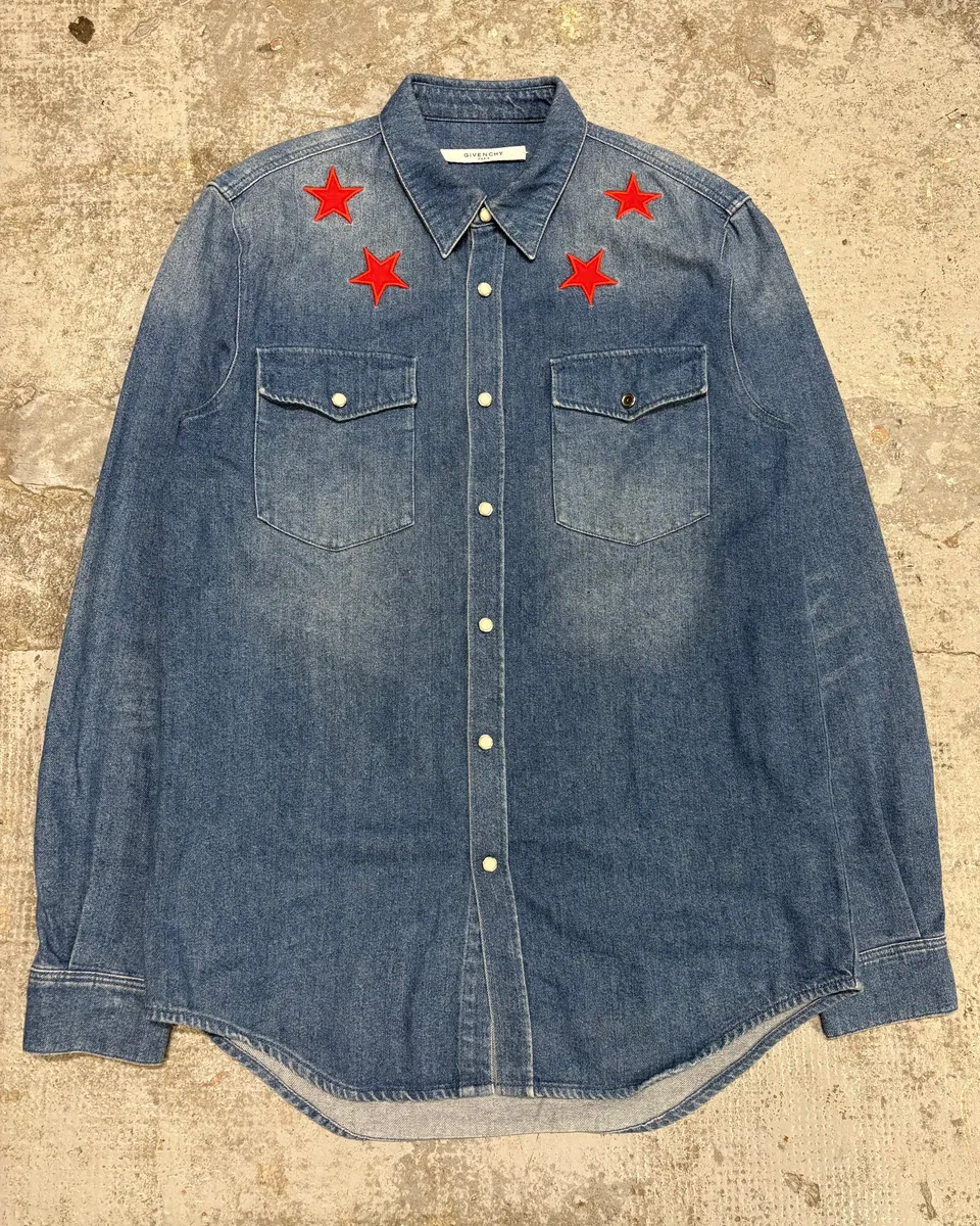 2010s Givenchy Red Stars Blue Denim Shirt by Riccardo Tisci - Image 2
