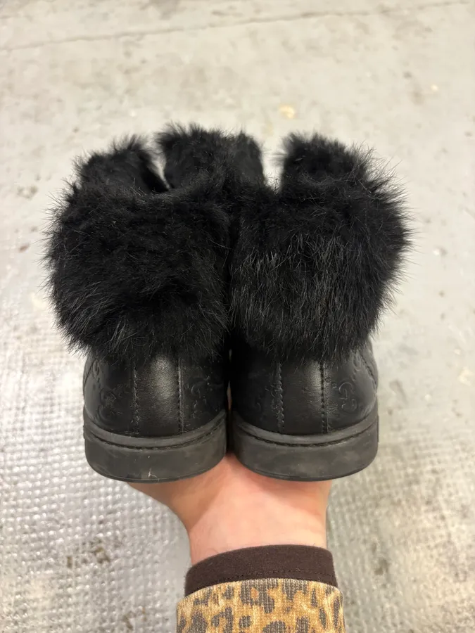 2010s Gucci Black Leather Fur Monogram Sneakers - Image 6