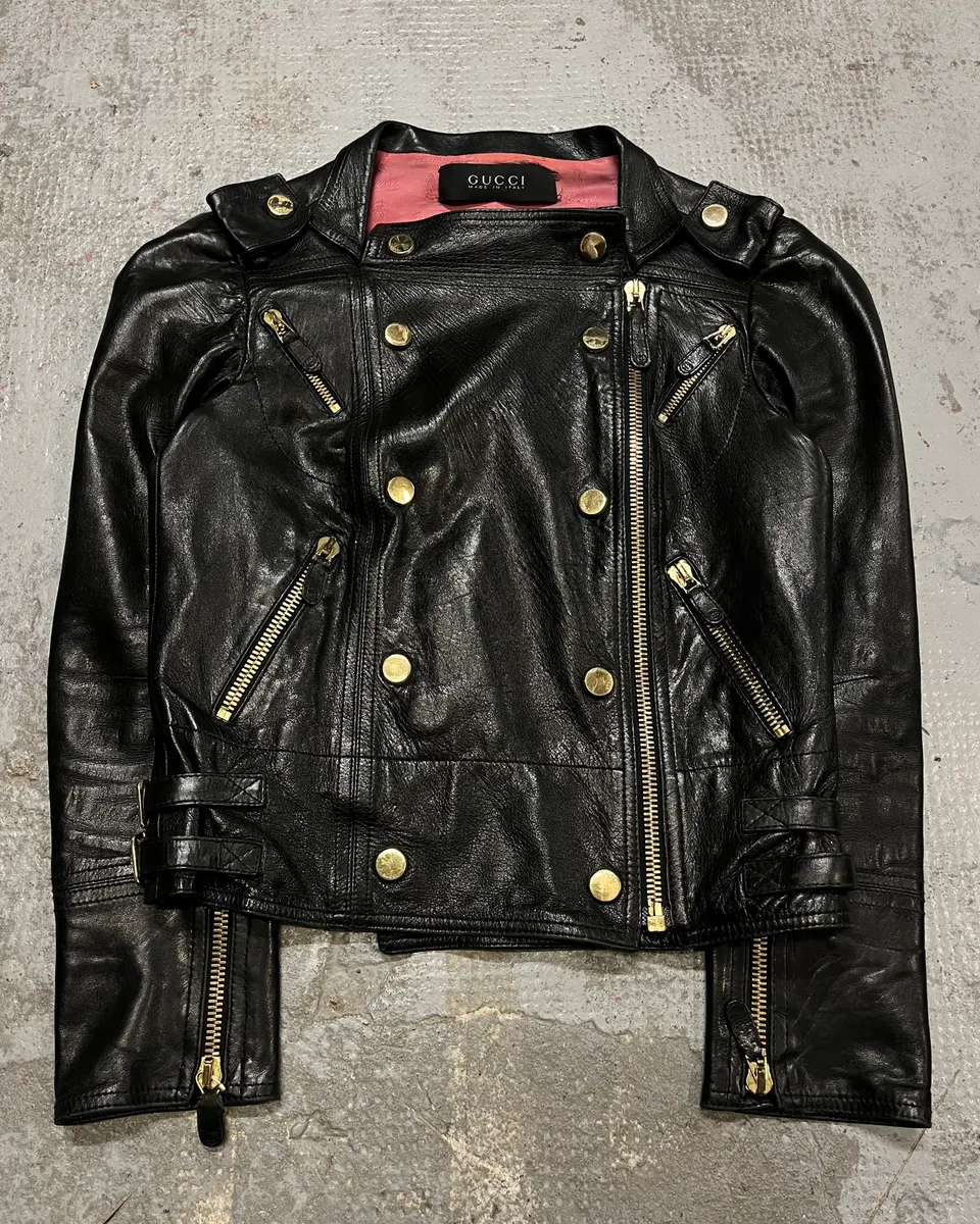 2010s Gucci Black Leather Gold-Studded Biker Jacket - Image 3