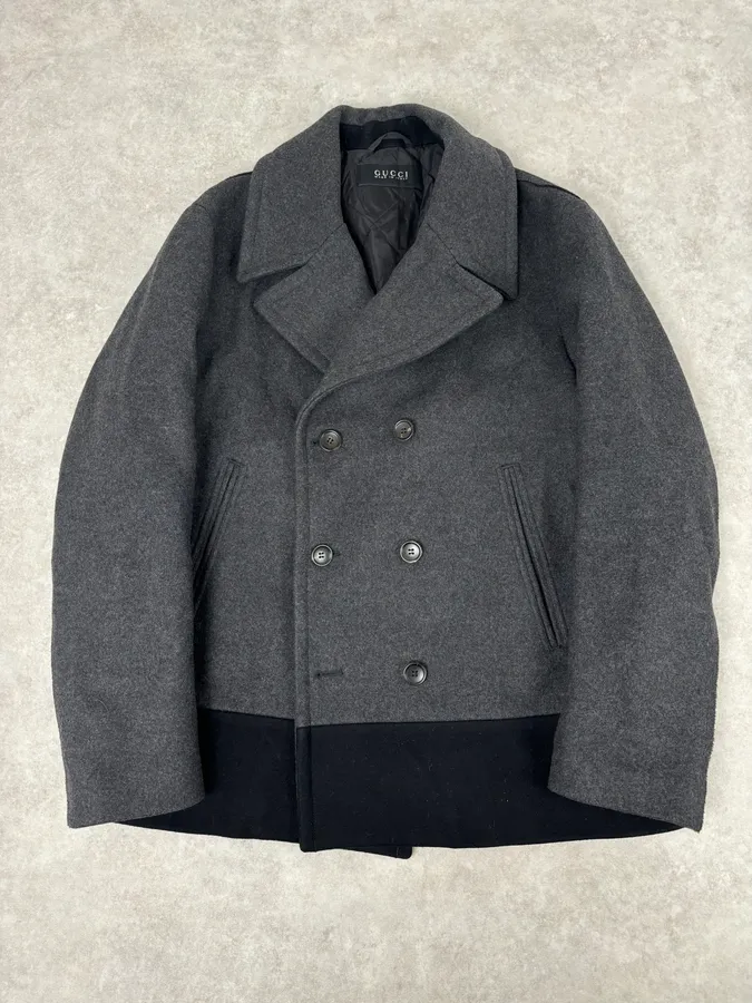 2010s Gucci Grey Wool Double-Breasted Contrast Hem Jacket