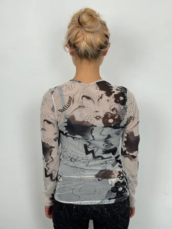 2010s John Galliano Black & White Comic Mesh Longsleeve - Image 3