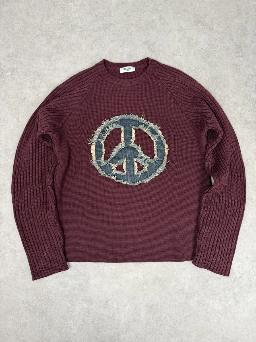 2010s Moschino Red Peace Signe Denim Sweater
