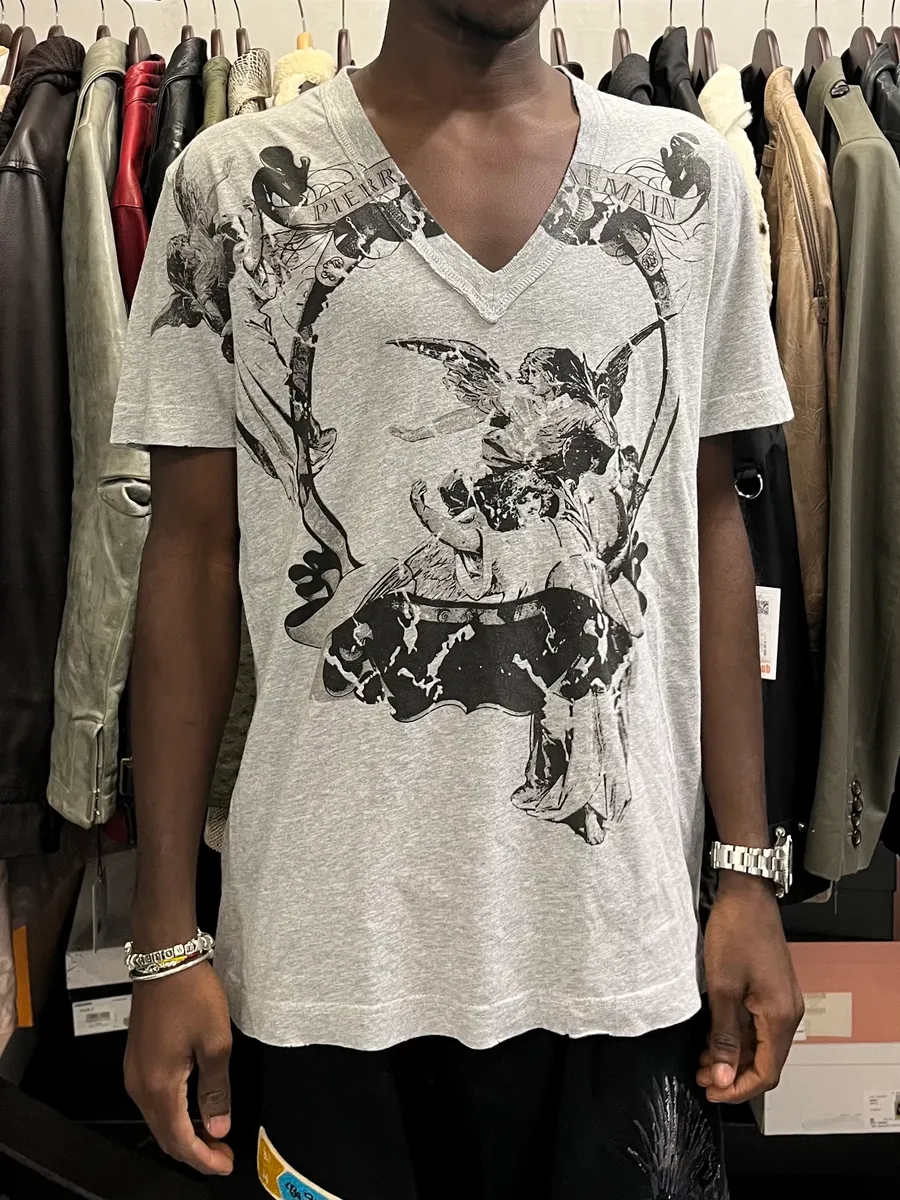 2010s Pierre Balmain Angels V-Neck Grey T-Shirt - Image 2